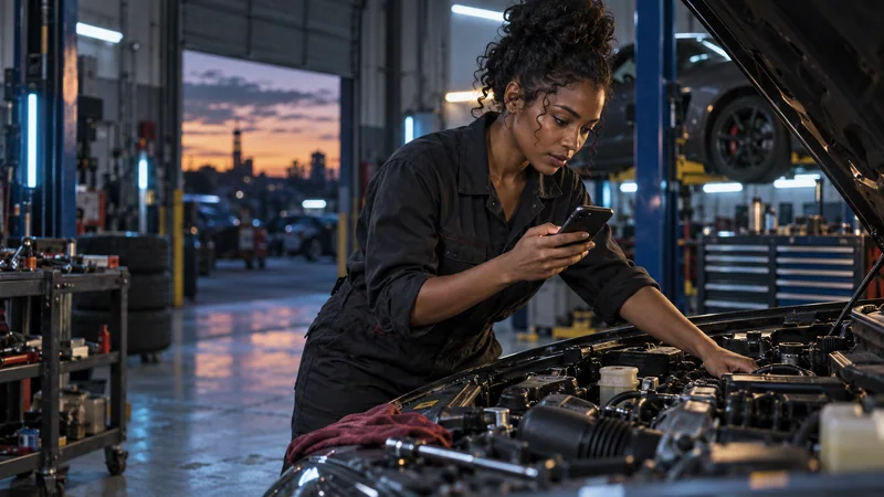 Illustration of a technician using a phone beside a vehicle in a workshop